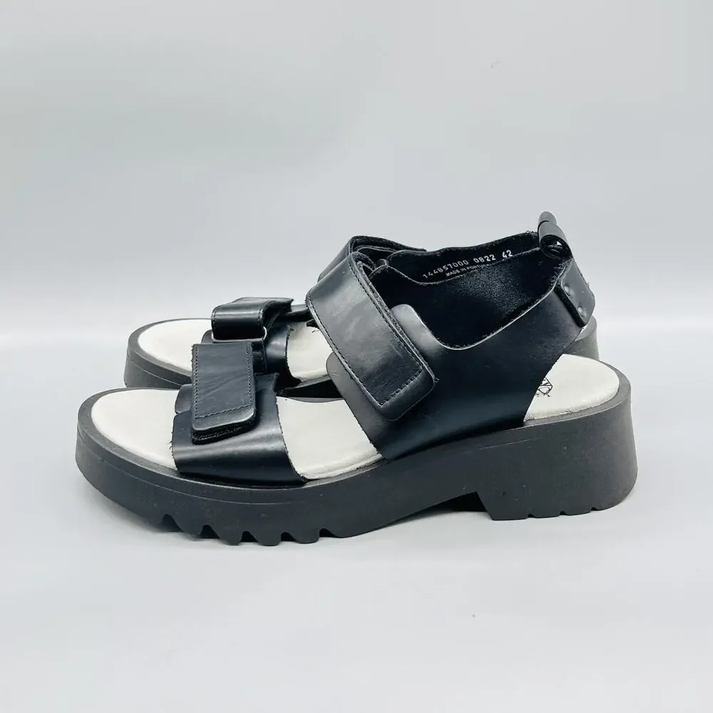 FLY London Sandals Women 11 Black Leather Strappy Hook & Loop Wedge Shoes Casual